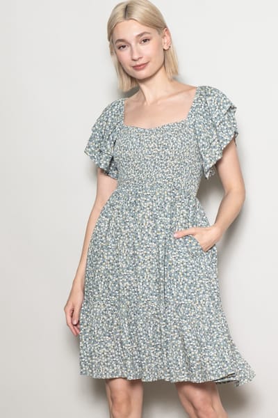 Elloh Light Olive Floral Smocked Flutter Sleeve Dress
