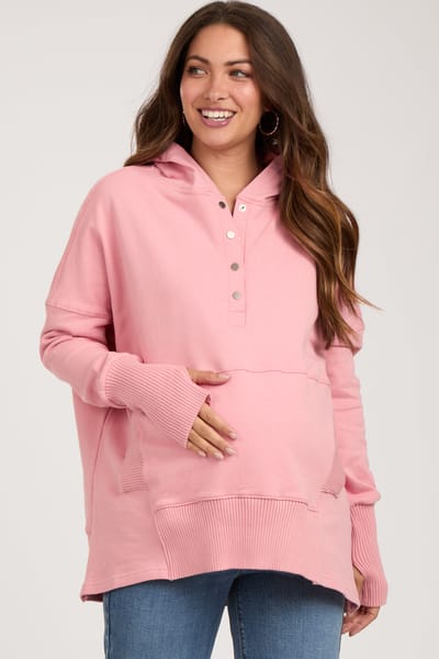 PinkBlush Pink Button Front Ribbed Trim Maternity Hooded Sweatshirt