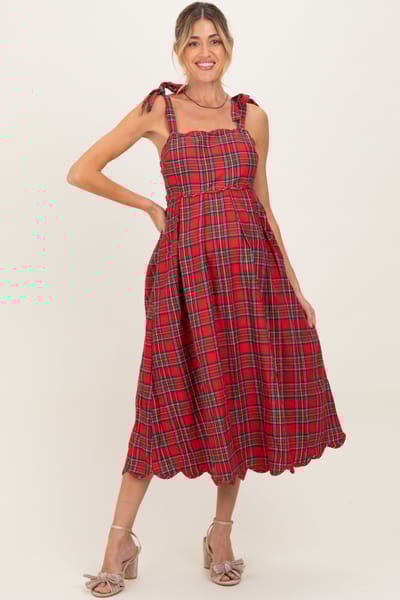 Entro Red Plaid Shoulder Tie Scallop Hem Maternity Midi Dress
