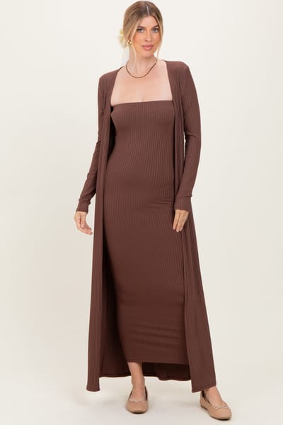 Rhea + Thea Brown Ribbed Sleeveless Dress Cardigan Set