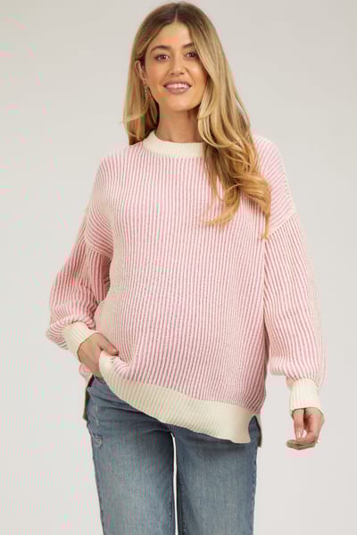 PinkBlush Pink Ribbed Balloon Sleeve Maternity Sweater