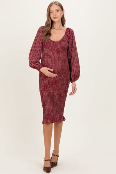 PinkBlush Burgundy Plaid Long Sleeve Bodycon Maternity Midi Dress