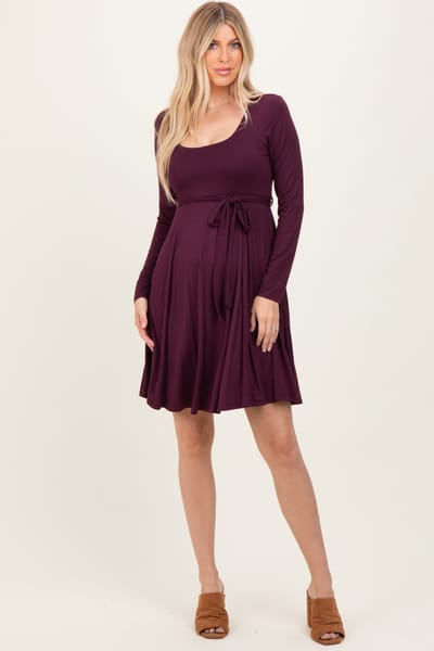 Hello Miz Plum Scoop Neck Long Sleeve Waist Tie Dress