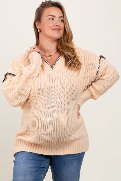 PinkBlush Beige Contrast Stitch Hooded Maternity Plus Sweater