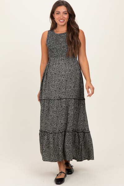 PinkBlush Grey Animal Print Sleeveless Smocked Tiered Maternity Maxi Dress