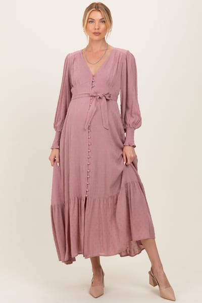 In Loom Rose Swiss Dot Button Down Maternity Maxi Dress