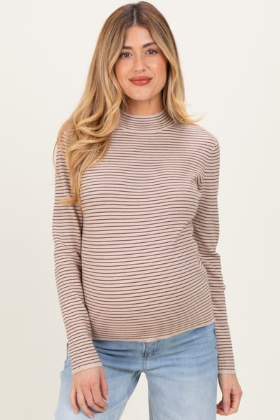 Staccato Light Taupe Pinstriped Mock Neck Maternity Knit Top