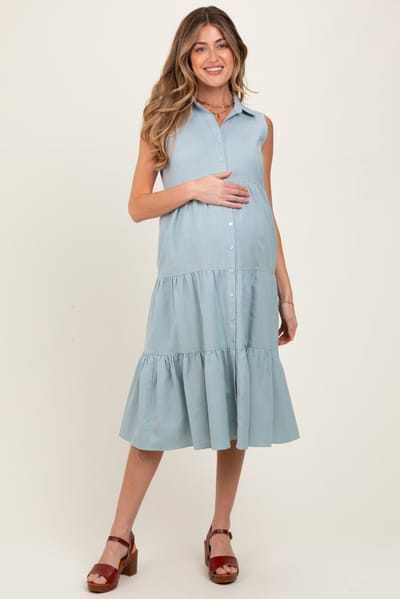 Hello Miz Light Olive Tiered Sleeveless Maternity Midi Shirt Dress