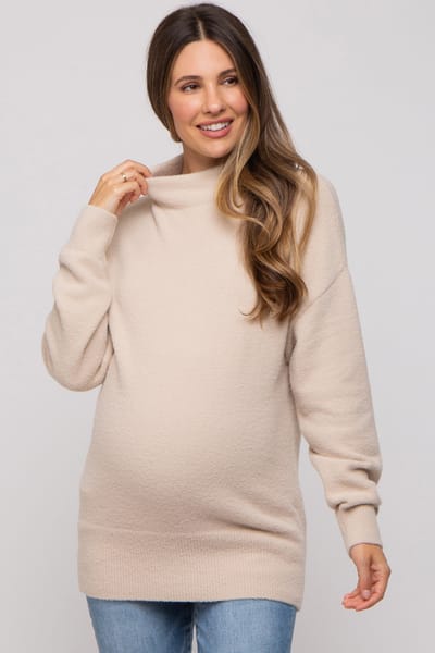 Be Cool Beige Fuzzy Knit Mock Neck Maternity Sweater
