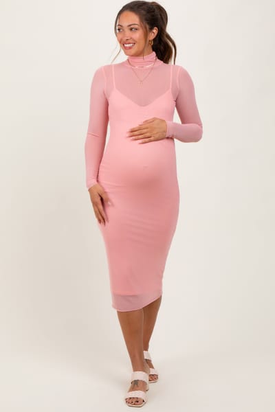 Fore Collection Coral Mesh Overlay Fitted Maternity Midi Dress
