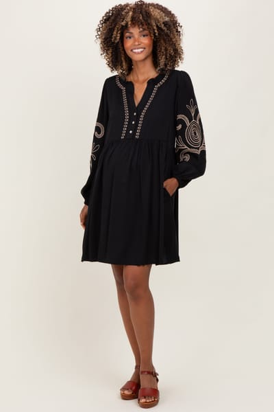 PinkBlush Black Embroidered V-Neck Long Sleeve Maternity Dress