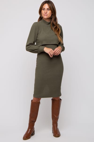 Hello Miz Olive Rib Knit Mock Neck Mock Neck Nursing Dress