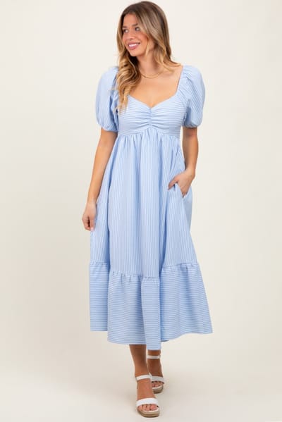 In February Light Blue Sweetheart Stripe Smocked Back Midi Dress