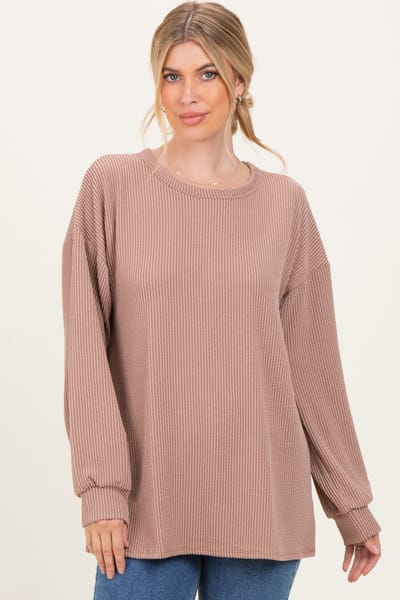 Heimish Taupe Puff Sleeve Solid Ribbed Top
