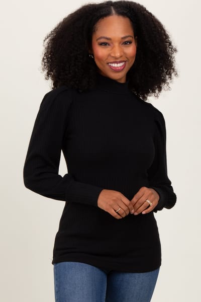 Hello Miz Black Ribbed Mock Neck Bubble Sleeve Top
