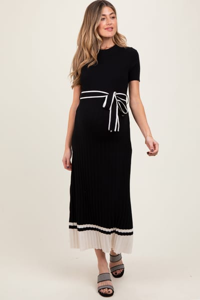 Camellia Black Ribbed Knit Pleated Maternity Midi Dress