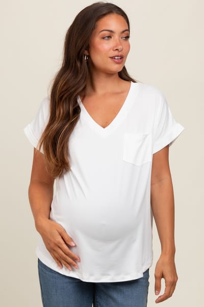 Mitto Ivory V-Neck Pocket Short Sleeve Maternity Shirt