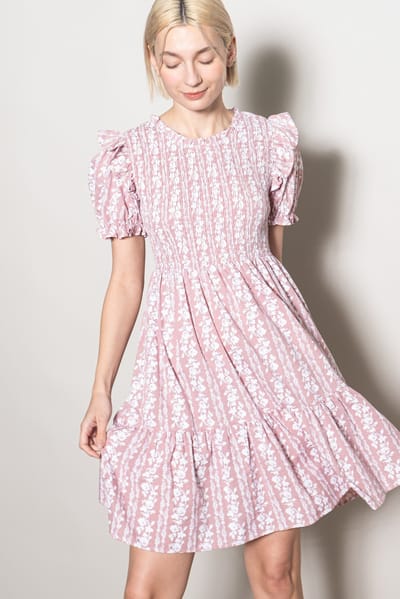 Elloh Pink Floral Smocked Ruffle Accent Dress