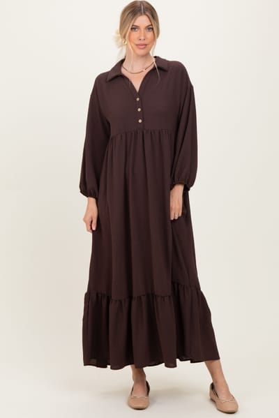 Rhea + Thea Brown Solid Long Sleeve Button Down Tiered Collared Dress