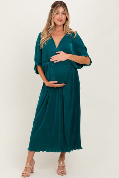Dress Day Forest Green Pleated Satin Dolman Sleeve Maternity Maxi Dress