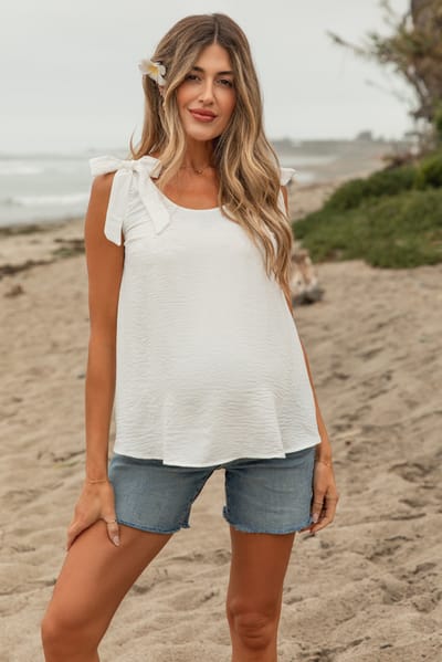 Hello Miz White Shoulder Bow Maternity Tank Top
