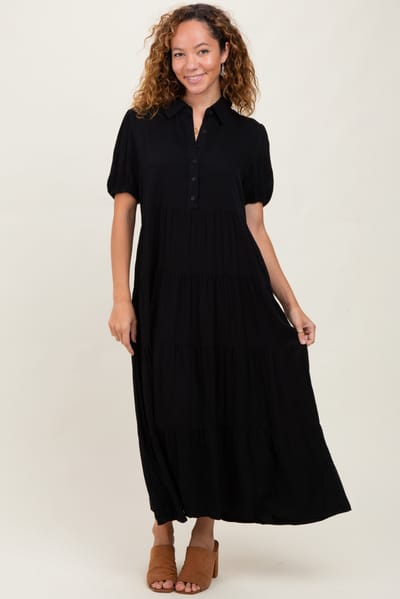 Tea N Rose Black Collared Button Down Tiered Midi Dress