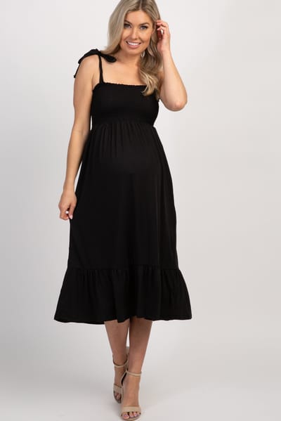 PinkBlush Black Solid Self-Tie Smocked Maternity Midi Dress