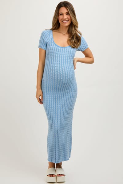 lala von Light Blue Cable Knit Maternity Sweater Dress