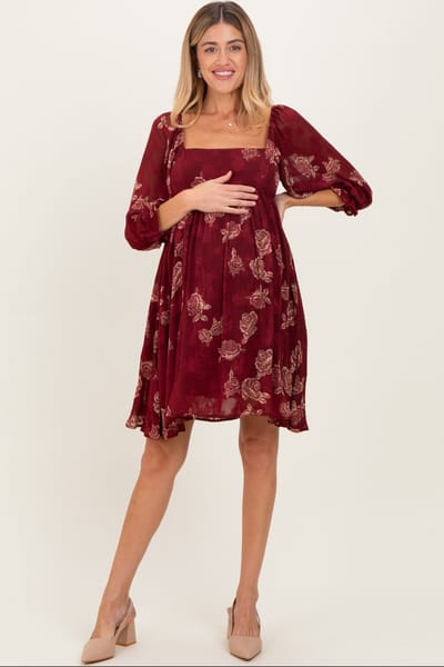 Sweet Lemon Burgundy Floral Jacquard 3/4 Sleeve Maternity Dress