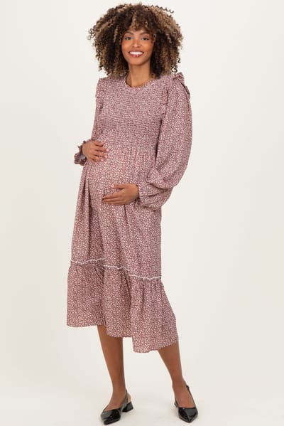 PinkBlush Rust Tiny Floral Ruffled Mock Neck Babydoll Maternity Midi Dress