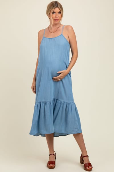 PinkBlush Light Blue Ruffle Hem Cami Maternity Midi Dress