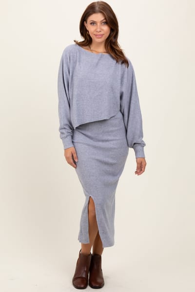 Zenana Outfitters Light Grey Ribbed Knit Asymmetric Top Midi Skirt Set