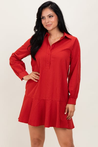 She + Sky Rust Striped Long Sleeve Drop Waist Polo Dress