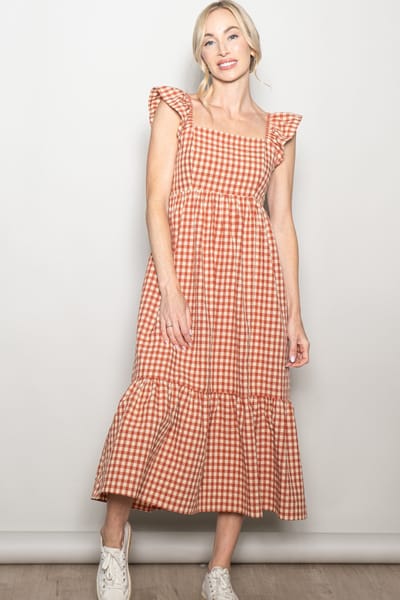 Elloh Rust Gingham Ruffle Strap Midi Dress