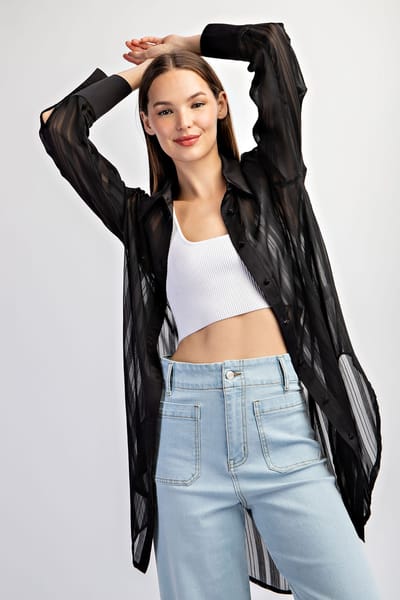 Eesome Black Sheer Stripe Button Down Blouse