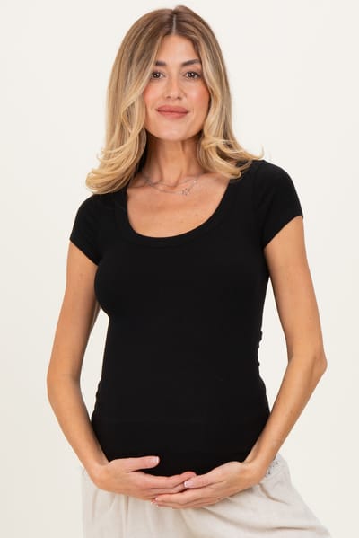 PinkBlush Black Ribbed Rounded Square Neck Maternity Top