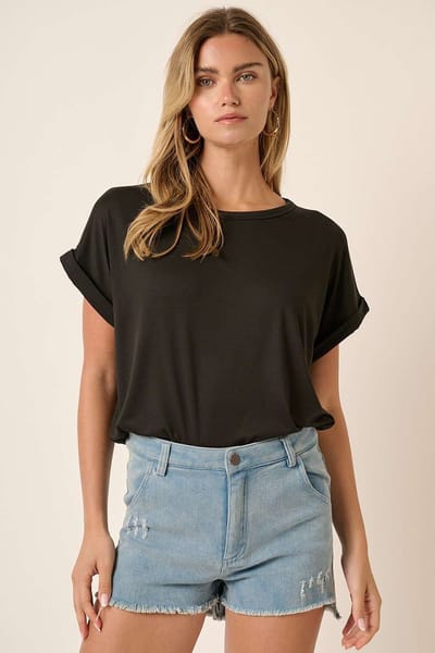 Mitto Black Rolled Cuff Short Sleeve Top