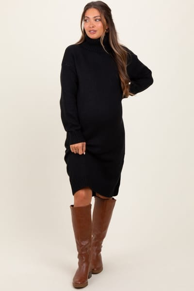 Zenana Outfitters Black Turtleneck Side Slit Maternity Midi Sweater Dress