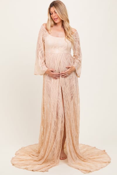 PinkBlush Beige Lace Long Sleeve Off Shoulder Slit Draped Maternity Photoshoot Dress