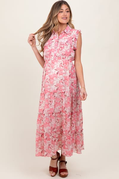 Jodifl Pink Floral Print Chiffon Tiered Maternity Maxi Dress