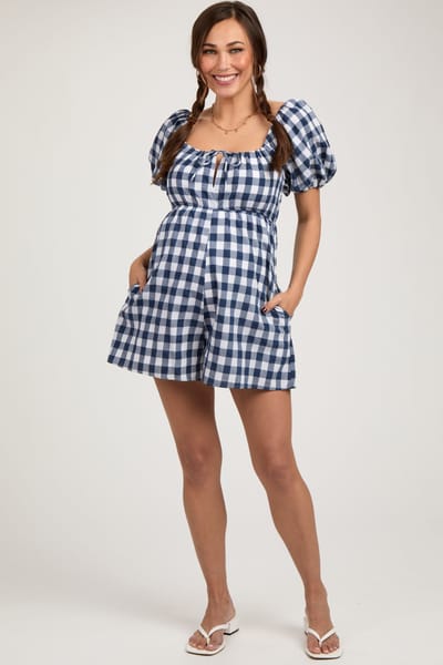 day + moon Navy Blue Gingham Cutout Maternity Romper