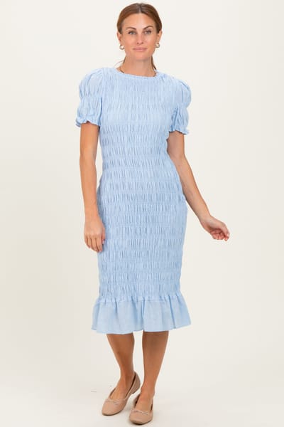 Camellia Light Blue Smocked Fitted Midi Dress