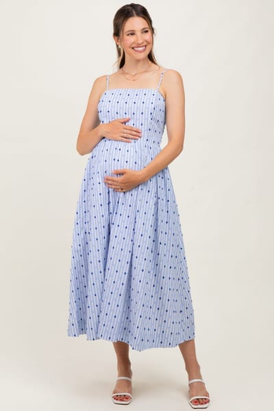 PinkBlush Blue Striped Swiss Dot Sleeveless Maternity Midi Dress