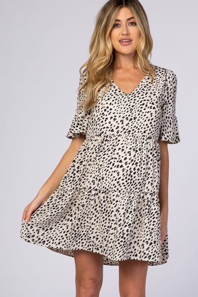 Beeson River Beige Animal Print Ruffle Sleeve Maternity Dress