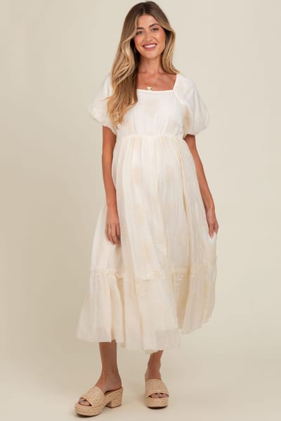 PinkBlush Cream Floral Print Ruffle Hem Maternity Midi Dress