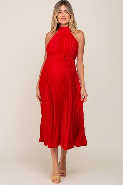 PinkBlush Red Pleated Maternity Halter Dress