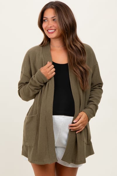 Rhea + Thea Olive Solid Ribbed Long Sleeve Open Front Pocket Maternity Cardigan