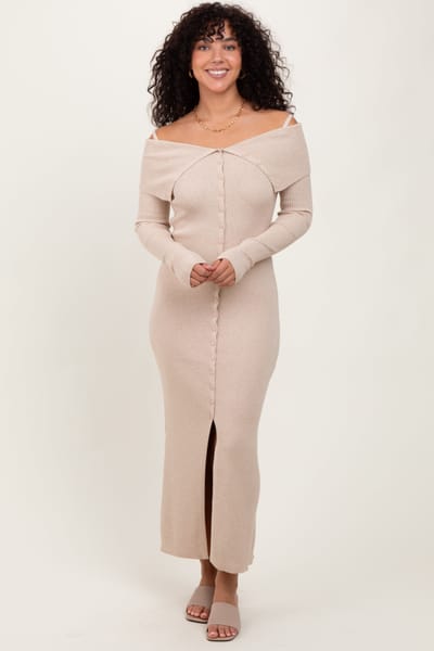 Hesperus Beige Off Shoulder Long Cardigan Maxi Dress
