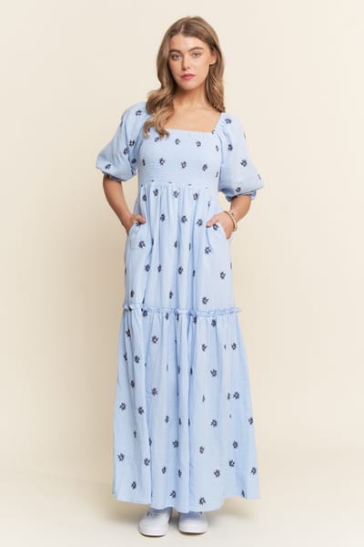 J.NNA Light Blue Floral Smocked Puff Sleeve Maxi Dress