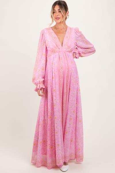 Flying Tomato Pink Paisley Deep V-Neck Long Sleeve Maternity Maxi Dress
